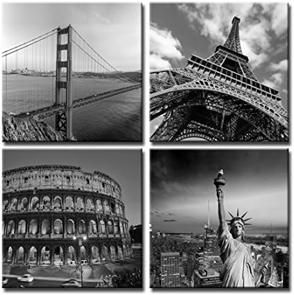 Englant- Framed Modern Landscape Canvas Print Black and White Wall Art 4 Panels 12x12 for Home and Office Ready to Hang