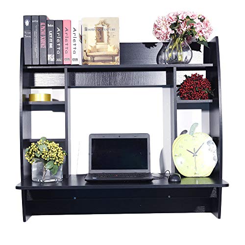 totoshop Computer Table Floating Wall Mount Desk with Storage Shelves Home Office Bedroom