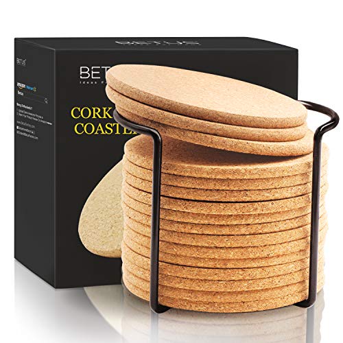 BETUS Round Cork Coasters 16pc Bulk Set with Metal Holder 4" Diameter