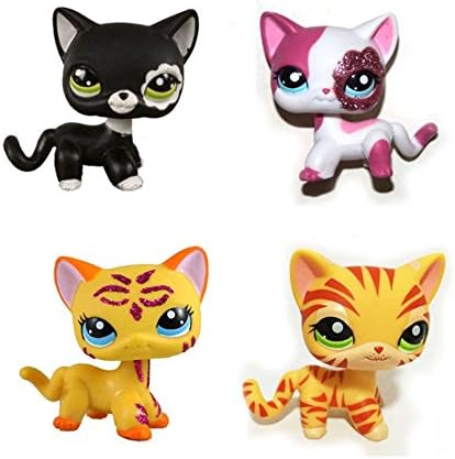 DEEJOE Set of 4 Pet Shop Orange Striped &amp; Sparkle Pink &amp; Black &amp; Sparkle Orange Cat LPS Action Figure Toy 2"