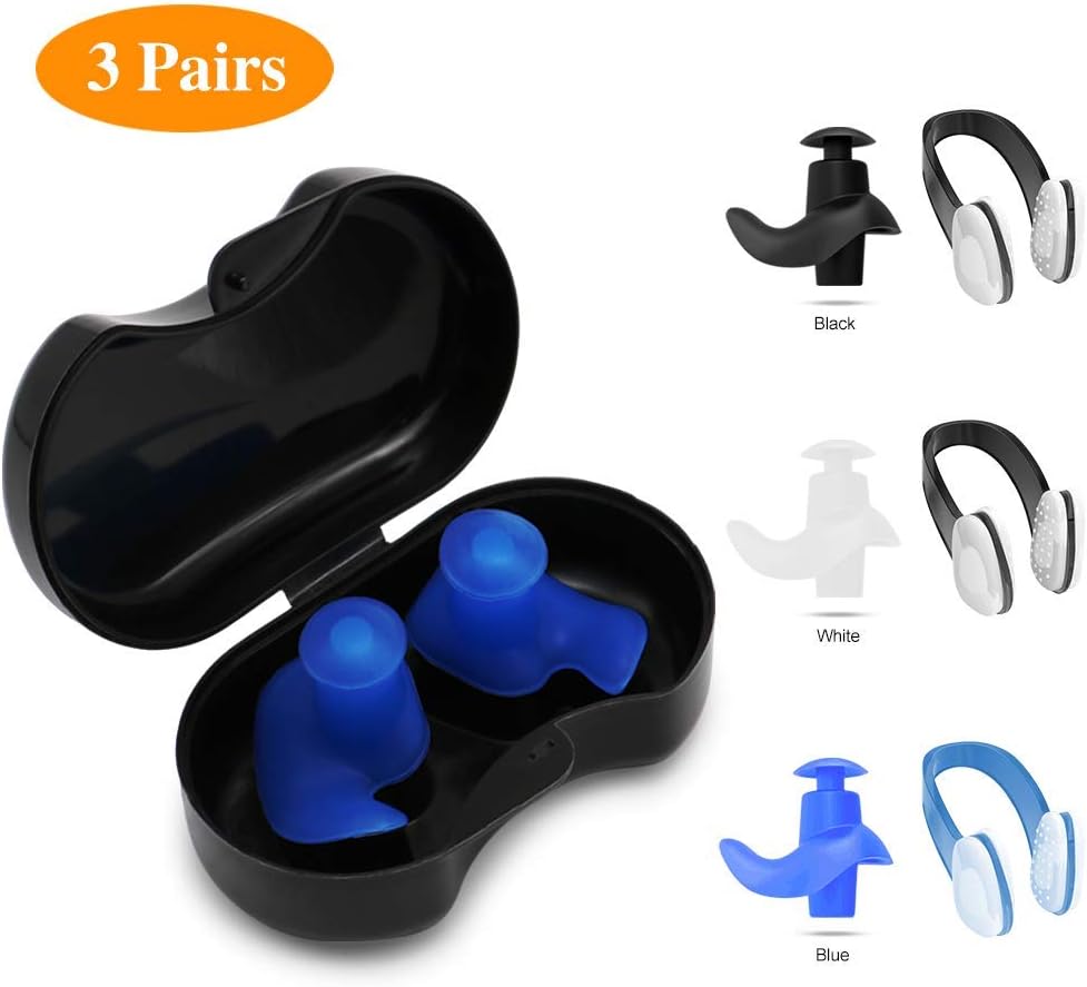SYOSIN Swimming Ear Plugs Nose Clips, 3 Pairs Professional Waterproof Reusable Silicone Earplugs Nose Clips Nose Protector for Swimming Showering Surfing Snorkeling and Other Adults Water Sports: Health & Personal Care