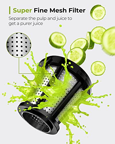 Jocuu Slow Masticating Juicer with Soft/Hard Modes Easy to Clean Quiet Motor & Reverse Function, Cold Press Juicer for Fruit & Vegetable, 90% Juice Yield, with Brush & Recipes (Grey)