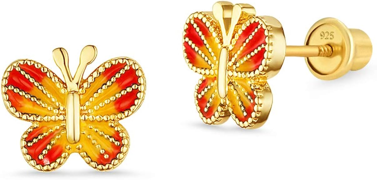 14k Gold Plated Enamel Butterfly Baby Girls Earrings with Sterling Silver Post Jewelry
