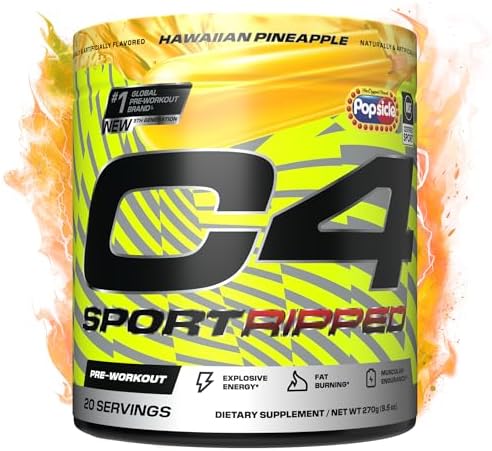 C4 Ripped Sport Pre Workout Powder - NSF Certified for Sport - 200mg Caffeine + Cayenne Extract + Carnitine Tartrate + Beta-Alanine - Hawaiian Pineapple, 20 Servings