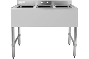 HALLY SINKS & TABLES H HALLY 3 Compartment Sink of Stainless Steel NSF Commercial Utility Basin with 10" L x 14" W x 10" D Bowl for Bar, Restaurant, Kitchen, Hotel and Home