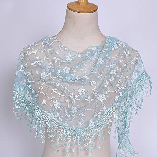 ❤️ Maonet Clearance Lace Tassel Sheer Burnt-out Floral Print Triangle Mantilla Scarf Shawl Neck Wrap (Blue)