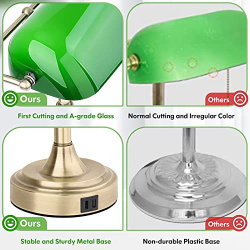 Bankers Lamp with 2 USB Ports, Touch Control Green Glass Desk Lamp with