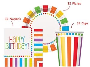 Image of Kedudes Rainbow Birthday Party set Supplies for 32 guests - 32 Plates 9", 32 Cups 9" and 32 Napkins