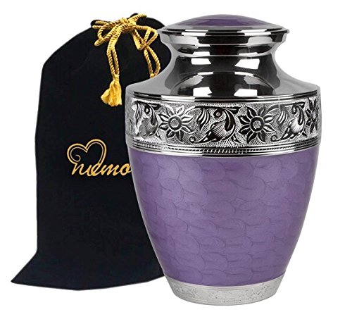 MEMORIALS 4U Large Lavender Love Cremation Urn for Human Ashes- Lavender Urn - Adult Funeral Urn Handcrafted with Engraved Silver Bands - Brass Urn - Large Urn Deal with Free Bag
