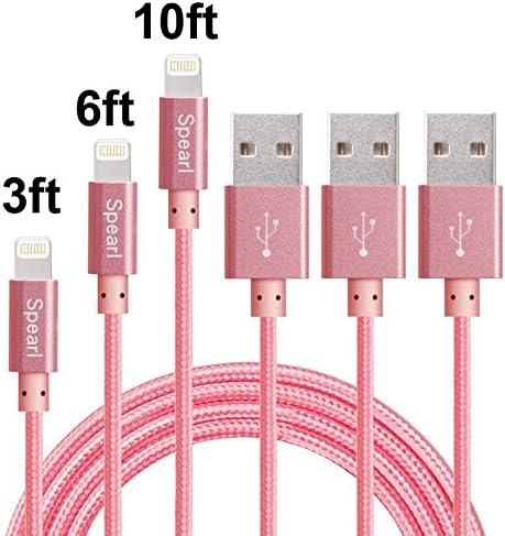Spearl NMUSB73 3Pcs 3FT 6FT 10FT Extra Long Nylon Braided Charging Cable Cord 8-Pin Lightning to USB Cable Charger Compatible with iPhone7/7Plus/6/6s/6plus/6s plus,iPhone5/5s/5c,iPad,iPod (Rose)