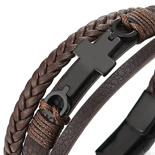 COOLSTEELANDBEYOND Mens Women Steel Horizontal Sideway Lateral Flat Cross Multi-Strand Leather Bangle Bracelet