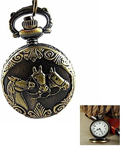 Unisex Vintage Retro Antique Horses Locket Pocket Watch Quartz White Dial Arabic Numbers Full Hunter Pendant Necklace Chain
