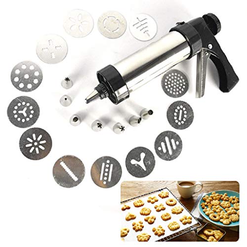 DIY Biscuit Cookie Press Gun Classic Biscuit Maker Stainless Steel Cookie Extrudes with 13 Stainless Steel Cookie Discs and 8 Icing Tips