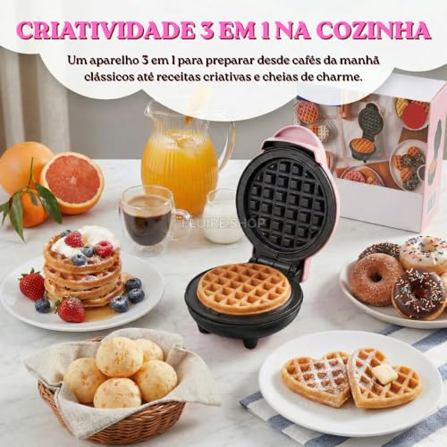 Máquina de Waffle e Donuts 110V 3 em 1 Mini - Waffleira Elétrica Compacta com Placas Removíveis com Formato Coração Laváveis em Lava-Louças, para Waffle, Donuts, para Café da Manhã Lanches, Sobremesas
