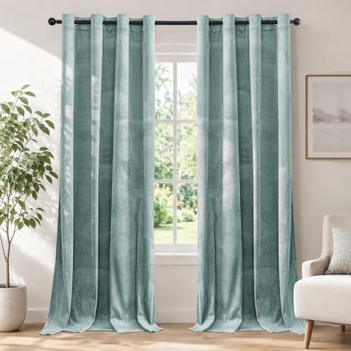 Ystyle Samt Vorhang Blickdicht 2er Set, H145 x B140 cm, Thermovorhang Hitzeschutz Kälteschutz, Modern Gardinen mit Ösen, Weiche Verdunklungsvorhänge, Gardinen Wohnzimmer Schlafzimmer, Graugrün