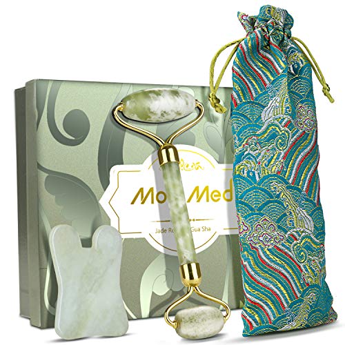 Jade Roller and Gua Sha Set 100% Jade | 2 Anti-Aging Tools for Youthful Glow, Reduced Wrinkles, Diminished Dark Circles | Complete Jade Stone Face Massager Set with Ready to Gift Packaging