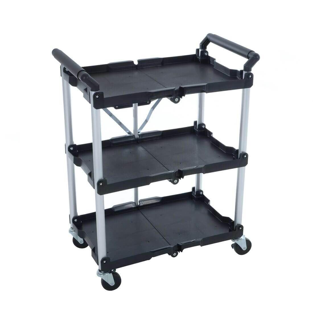 Folding 3 Tier Trolley Cart, Aluminium Frame, PP Plastic Trays, 4 Swivel Wheels & Brakes, Flat-Fold Design, 70kg Capacity, Indoor Outdoor Use, Toy Craft Garden Tool Storage, BBQ Bar Serving, Tea Cart