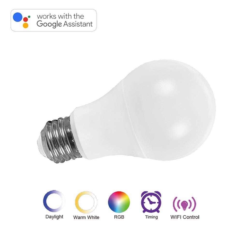 Smart WiFi Light Bulb YAMAO RGBW Color Changing 5000K Bulb Compatible with Alexa and Google Assistant A19 E26 Dimmable Bulbs 6W 500LM No Hub Required (1 Pack)