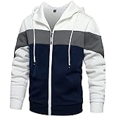 DUOFIER Men's Hoodies Zip Front Sweatshirt Color Blocking Hooded