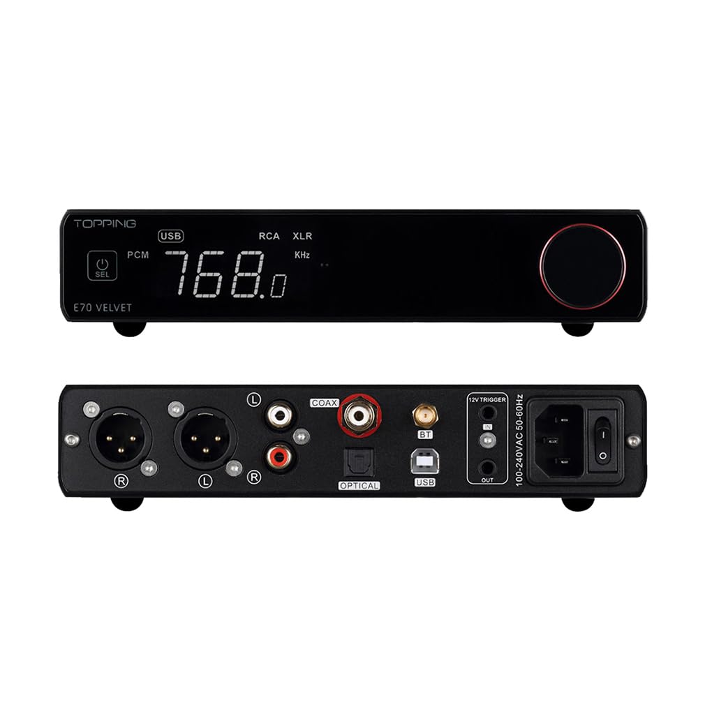 TOPPING E70 Velvet AK4499EX Flagship DAC, XMOS XU316 USB DAC, SPDIF Toslink DA Converter, USB/Opt/Coax/Bluetooth to XLR Balanced/RCA Audio Hi-Res DAC with Remote Control (E70V, Black)