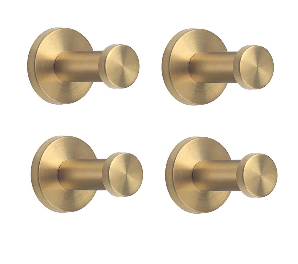 NELXULAS Golden Brushed Stainless Steel Single Super Heavy Duty Wall Mount Hook, Bath Towel Hooks, Coat Hanger (2", 4 PCS)
