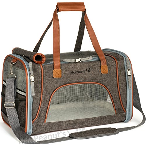 Airline Approved Soft Sided Pet Carrier by Mr. Peanut's, Low Profile Travel Tote with Fleece Bedding, Premium Zippers & Metal Safety Clasp, Under Seat Compatibility, Perfect for Cats and Small Dogs