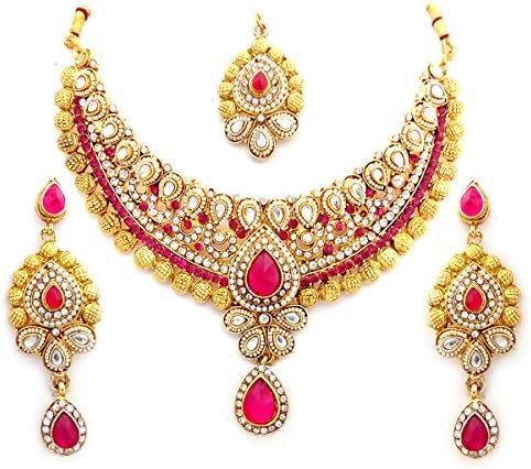 Bollywood Designer Ethinic Indian Premium Stone Polki Kundan Bridal Necklace Set - Magenta