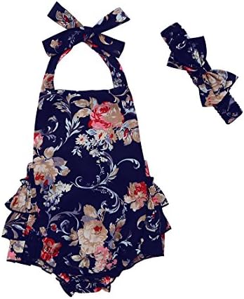 Newborn Baby Girls Clothes Floral Ruffle Halter Romper Jumpsuit Summmer Dress Sunsuit with Headband (12-18 Months, A)