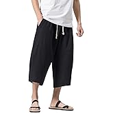 MAGNIVIT Men's Linen Cotton Capri Pants Loose Fit Elastic Waist Wide Leg Baggy Harem Pants