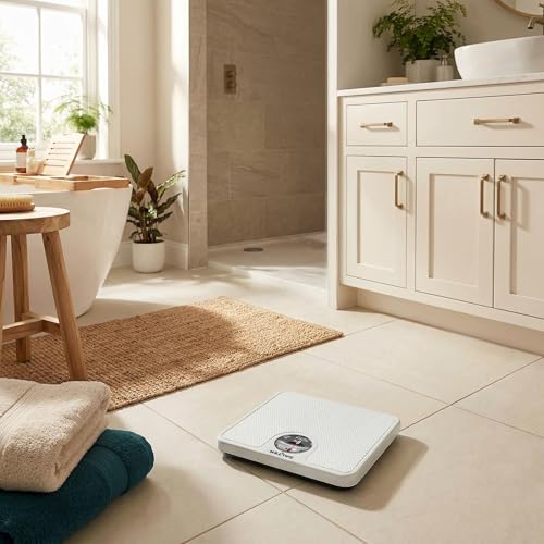 Salter Mechanical Bathroom Scale – Analogue Body Weighing Scale, Classic Fitness Scale, 133kg Capacity, Easy Read Display with Magnifying Lens, Non-Slip Mat, No Batteries Required, White
