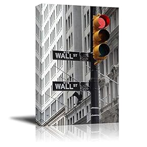 Black and White Photograph with Pop of Color on The Traffic Lights in Wall Street - Canvas Art Home Art - 12x18 inches