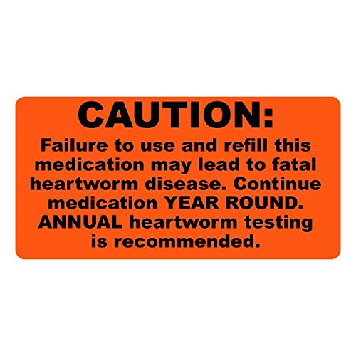 Pet Heartworm Labels W/Warning - 2” x 1”, 500 Labels/Roll, Orange w/Black Print | Prescription, Cage, and Chart Labels for Veterinary Offices/Hospitals | LabelValue Brand