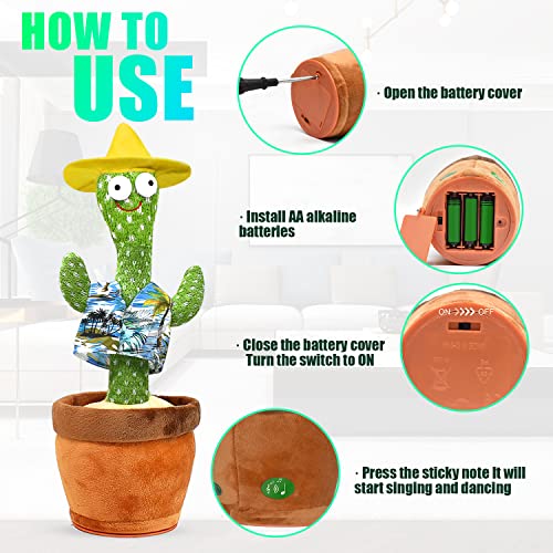 Dancing Cactus Toys for Baby Boys and Girls, Talking Plush Dancing Cactus Toy Electronic Plush Toy Singing, Record Repeating What You Say with 120 English Songs and LED Lighting for Home Decor Toys