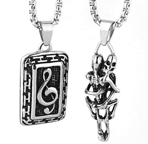 2pcs Mens Womens Gothic Skull Hug Music Dog Tag Pendant Necklace, 23" Chain
