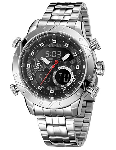 Snaggletooth Shark Men's Stainless Steel Quartz Wrist Watch LCD Day Date Display Double Movement Alarm Clock SH590