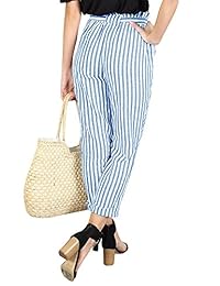 Pantalones de dama de talle alto, a rayas, estilo palazzo con bolsillos