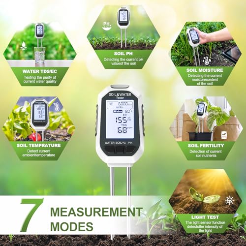 YAMRON Soil Moisture Meter, 7-in-1 Digital Plant Water&Soil with EC/TDS/Fertility/PH/TEMP/MOIS/Sunlight Intensity Backlight LCD Display Soil Test Meter for Gardening, Farming and Outdoor Plants