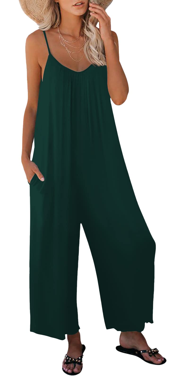 Photo 1 of (small size)snugwind Womens Casual Sleeveless Strap Loose Adjustable Jumpsuits Stretchy Long Pants Romper with Pockets Small Deep Green