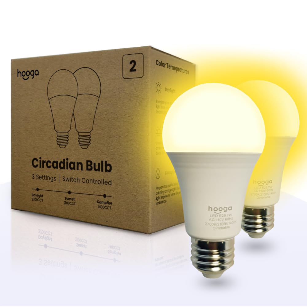 Photo 1 of hooga Circadian Rhythm Full Spectrum LED Light Bulb - 2700K, 2100K, 1400K, Flicker-Free, Blue Light Free Night Mode, 7W Energy Efficient Warm White for Sleep, Relaxation & Focus - 2 Pack