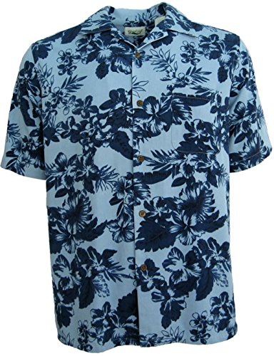 Good Life Mens Silk Hawaiian Shirt Camp Light Blue Navy Floral Aloha Casual (XL)