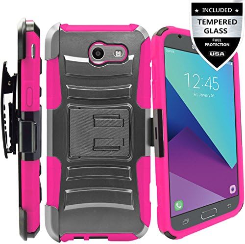 Galaxy J7 V Case / Galaxy J7 Perx Case / Galaxy J7 Sky Pro / J7 Prime / Galaxy Halo / J7 2017 Case With Tempered Glass Screen Protector,IDEA LINE(TM)Combo Holster Kickstand Belt Clip - Pink