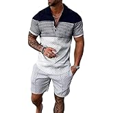 Kubsid White Mixed Black Stripe M Men Track Suits 2 Piece Set Summer Casual Outfits Fashion Polo Shirts Short Sleeve and Shorts Set Vacation Clothes