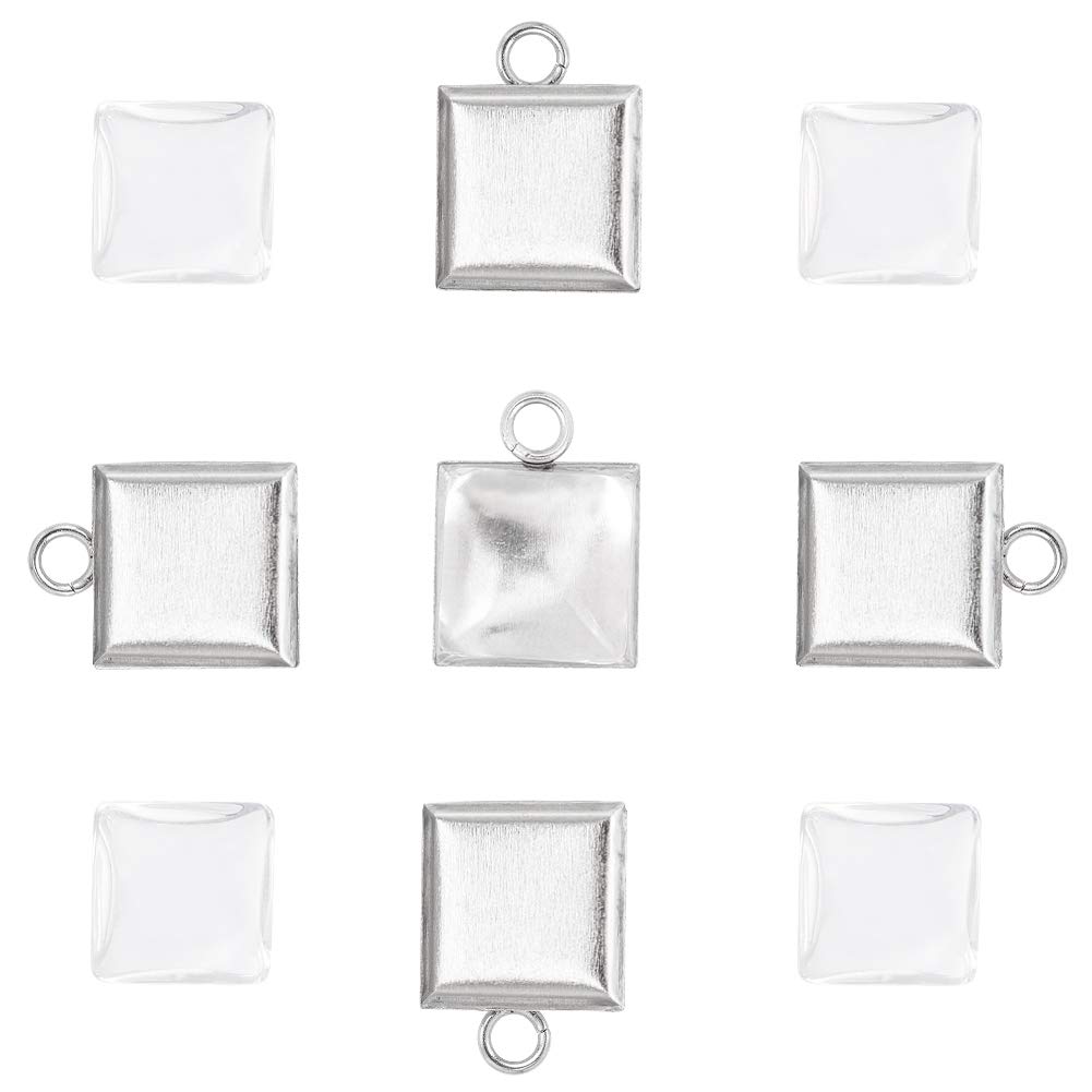 UNICRAFTALE 50 Sets Stainless Steel Bezels & Cabochons Square Pendant Trays with Glass Cabochons for DIY Jewelry Making