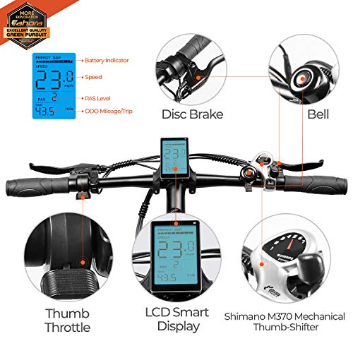 Eahora 500W 4.0 Fat Tire Electric Bicycle 26inch 48V Mountain Snow Electric Bikes for Adults Suspension Shock Absorber Fork Rebound/Lock Out Shimano 7-Speed Gear Shifts, E-PAS Recharge System XC200