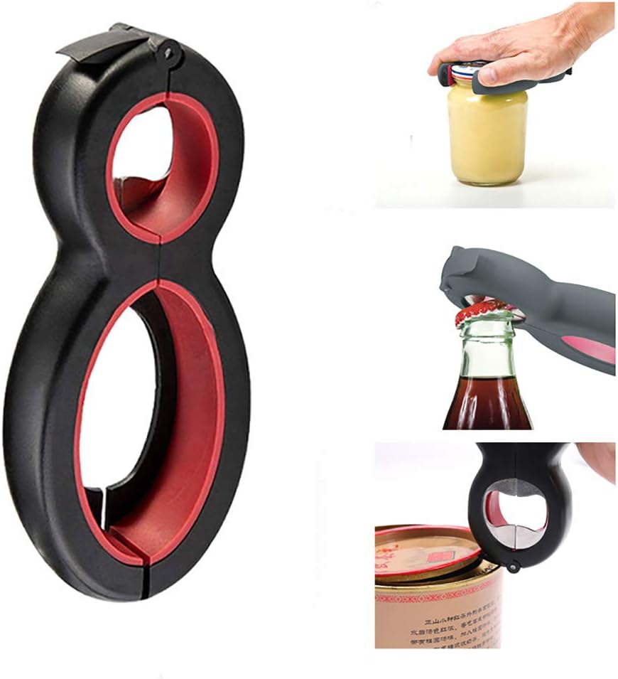 Xiton 1PC 6-in-1 Multi Opener, Bottle, Professional Can and Jar Opener, Lid Twist Off, Soda Bottle Cap Opener for Weak Hands Labor-Saving Bottle openerï¼ˆblack redï¼‰