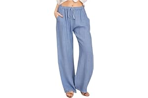 PVKARHG Linen Pants Women Summer Wide Leg Pants with Pockets 2024 Loose Fit Drawstring Palazzo Trousers Yoga Lounge Pants