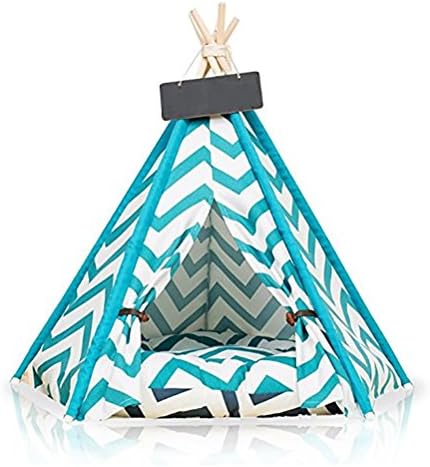 MEIQI Pet Teepee House Indian Tents Wood Canvas Tipi Fold Away Cat Bed , blue , 606070cm