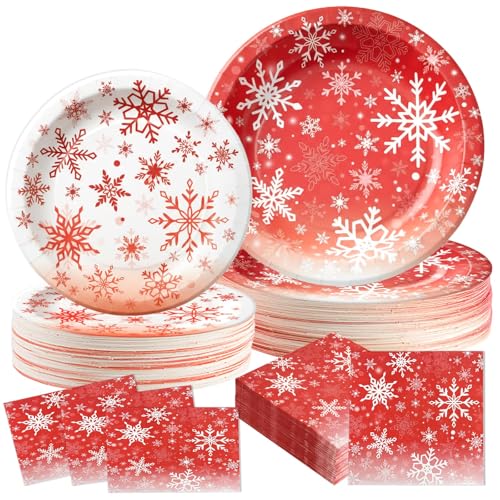 OuMuaMua 150Pcs Christmas Paper Plates and Napkins Disposable Dinnerware Set, Red White Snowflake Dinnerware Set Party Supplies for Christmas Winter Wonderland Holiday Wedding Baby Shower, Serve 50