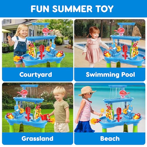 Water Table for Toddlers 3-5 | 3-Tier Kids Water Table Toys, Rain Showers Splash Pond for Outdoor Beach Backyard Summer, Outdoors Play Sensory Play Table Pond for Boys Girls 3-5 4-8