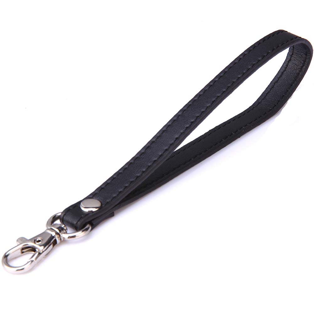 Xiazw Leather Wrist Strap Wristlet for Purse，Wallet， Clutch，Key，Keychain，Cell Phone Case (Plain Leather Black with Silver Clasp) — image 1